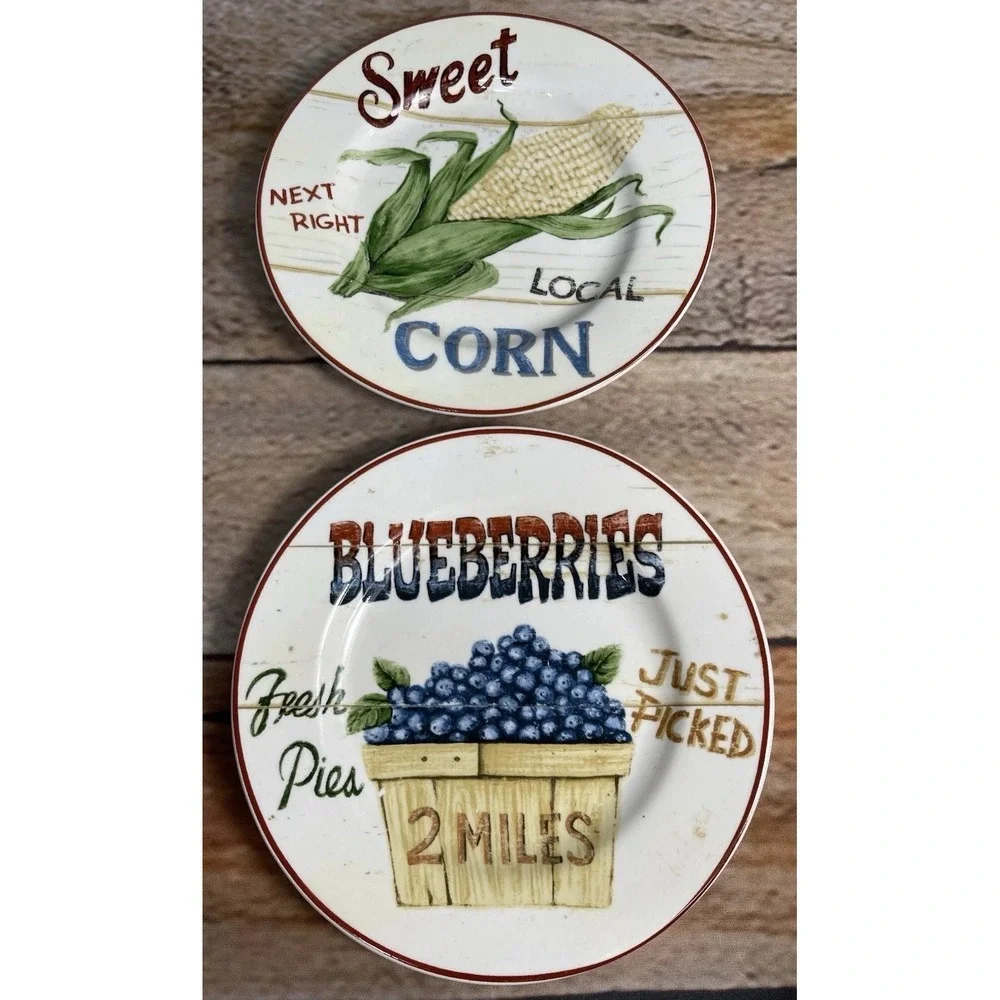 Home Trends FARM FRESH Set/2 Salad‎ Plates Corn & Blueberries Farmhouse Decor